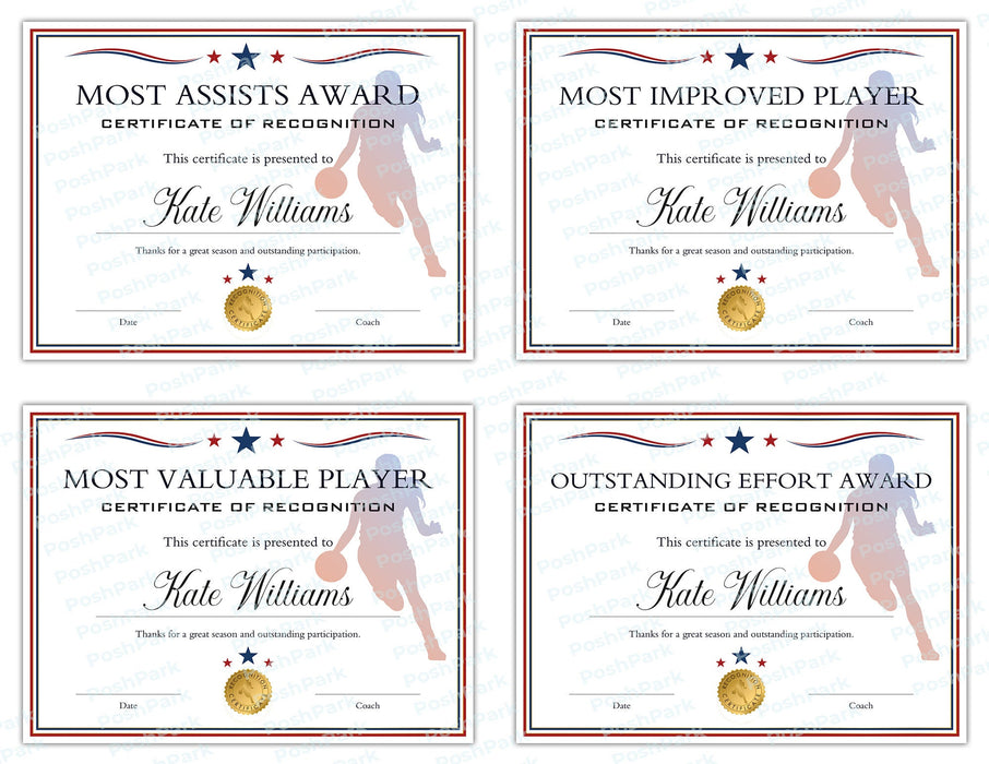 End of Season Basketball Award Certificates Red White Blue for Girls Bundle