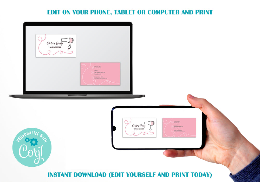 Editable Hair Salon Business Card With Logo | Downloadable Hair Salon Business Card With Own Logo | Salon  Business Card | Pink Business Card | Cute Business Card