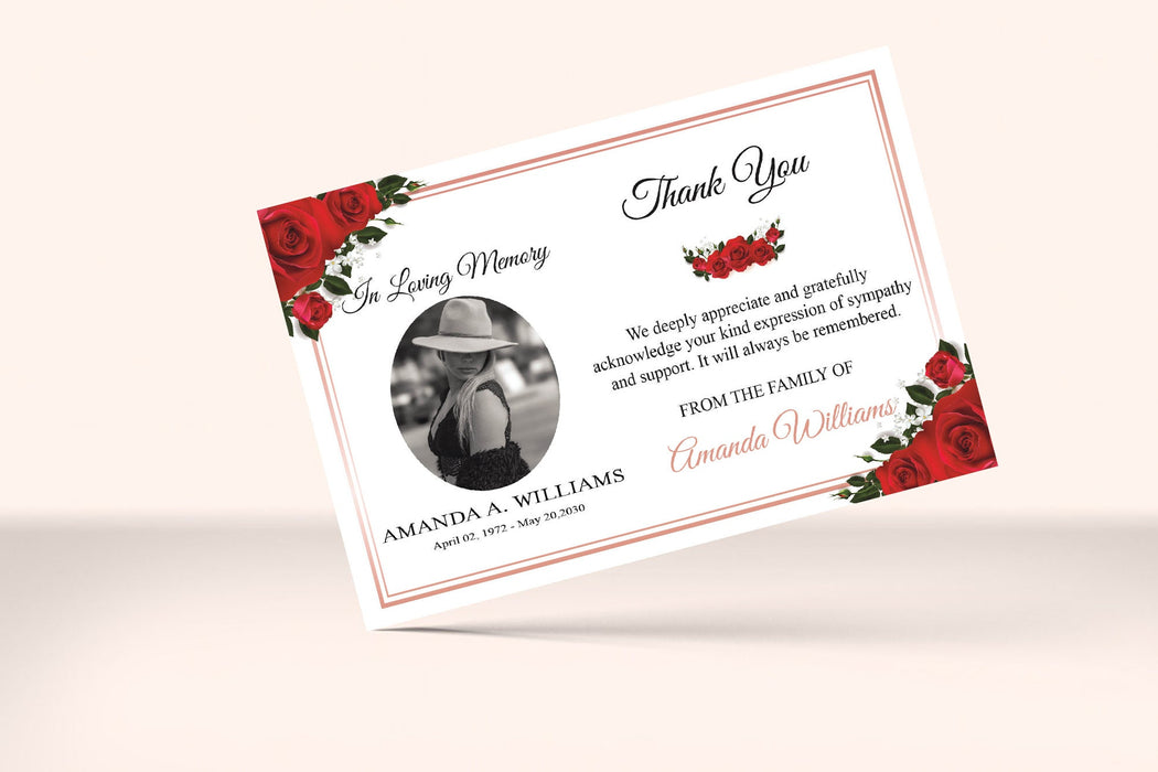Editable Red Rose Funeral Thank You Card Template