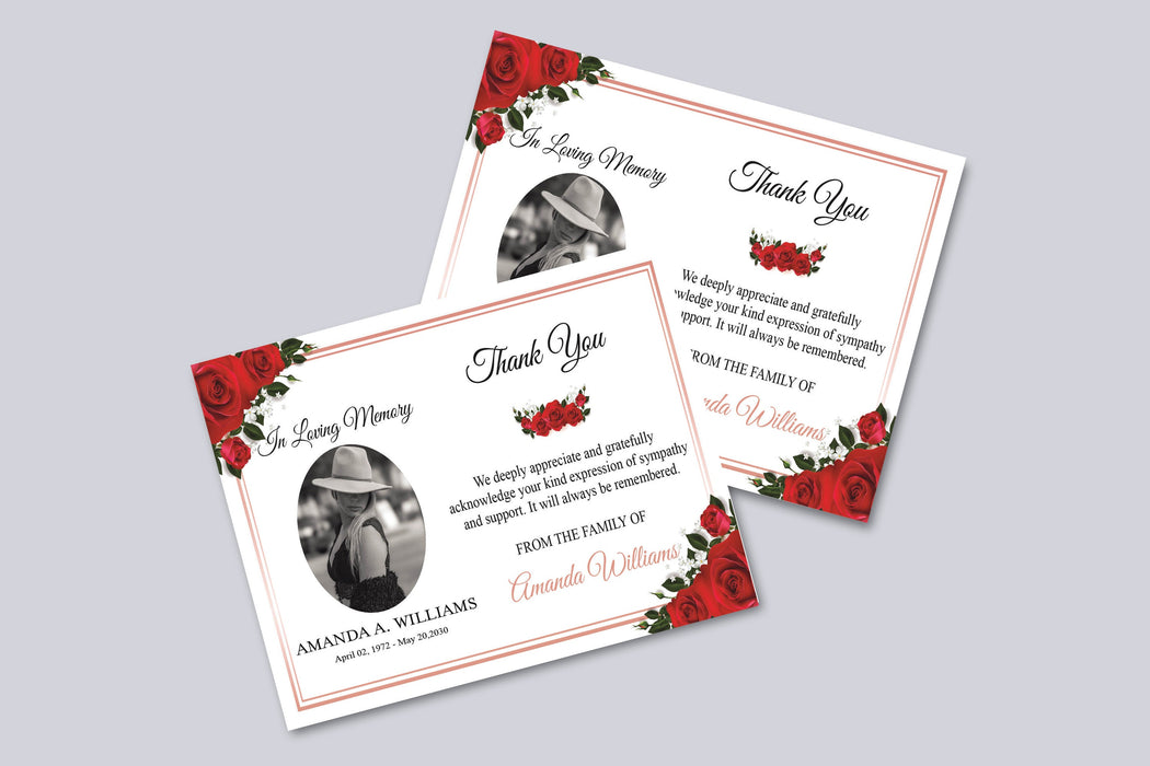Editable Red Rose Funeral Thank You Card Template