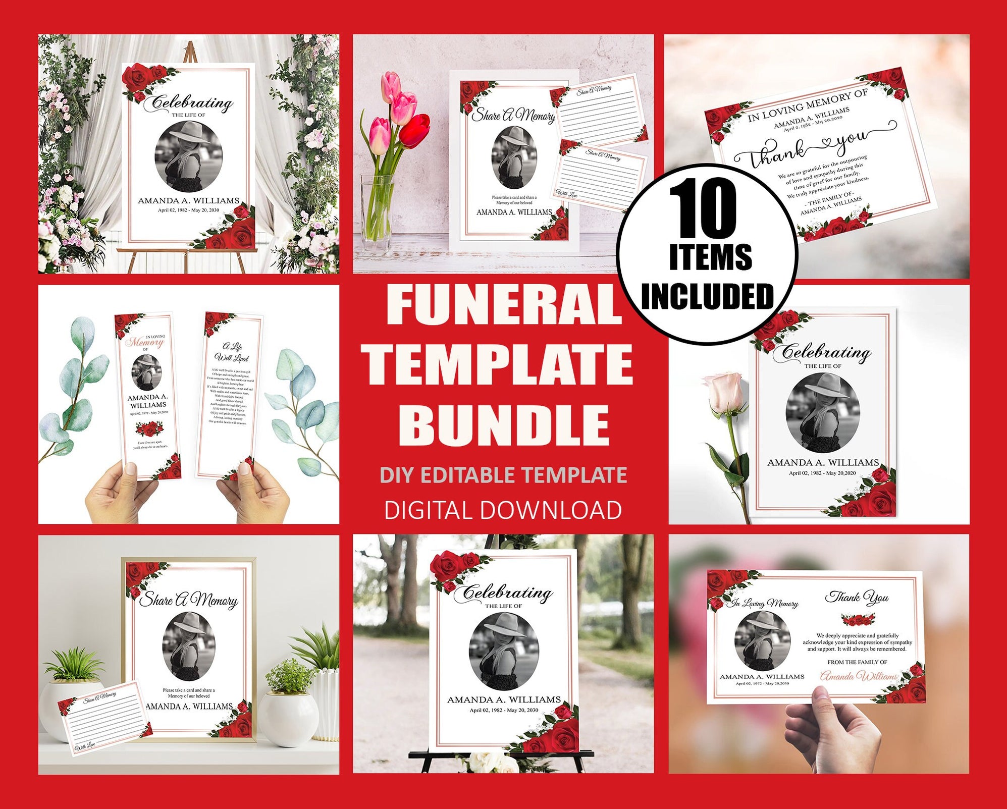 Red Rose Funeral Program Template Bundle | 10-Piece Set — Posh Park