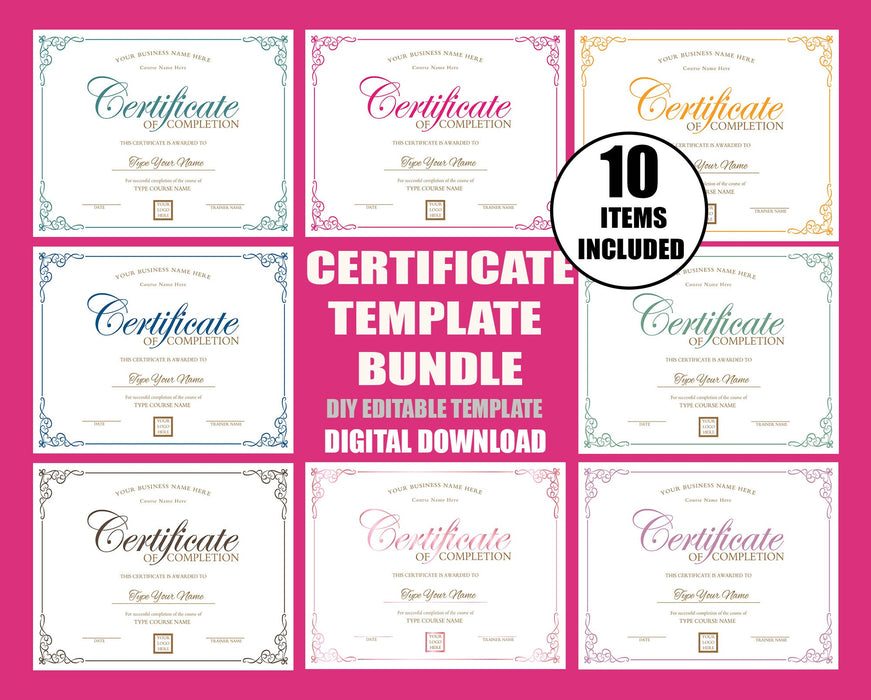 Editable Certificate of Completion Template Bundle, Multi Color Training Course Certificate Template