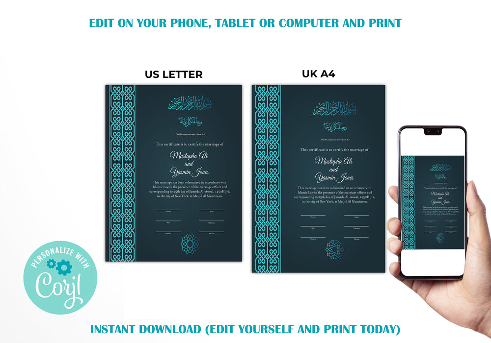 Editable Nikah Certificate, Downloadable Green and Turquoise Islamic Marriage Certificate