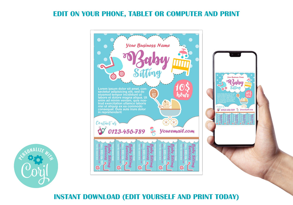 Editable Babysitting Business Flyer Template with Tear-off Tabs | Cute Babysitting Business Flyer Download