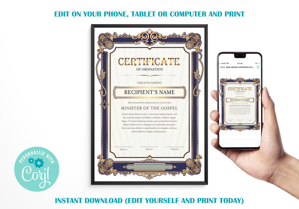 Editable Certificate of Ordination Template Bundle, 6 DIY Ordained Minister Certificates, DIY Church Printables