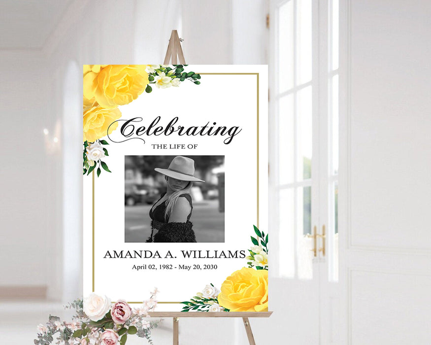 Editable Funeral Welcome Sign Template, Printable Yellow Rose Memorial Service Sign and Funeral Decor