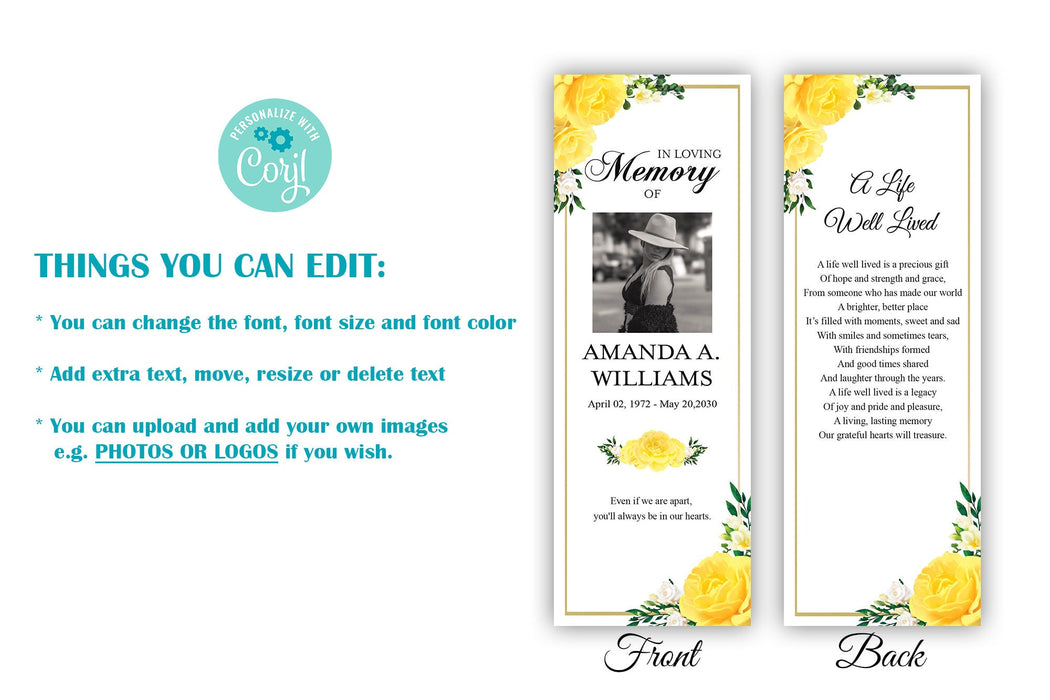 Editable Funeral Bookmark Template, Yellow Rose Obituary Bookmark Funeral Keepsake