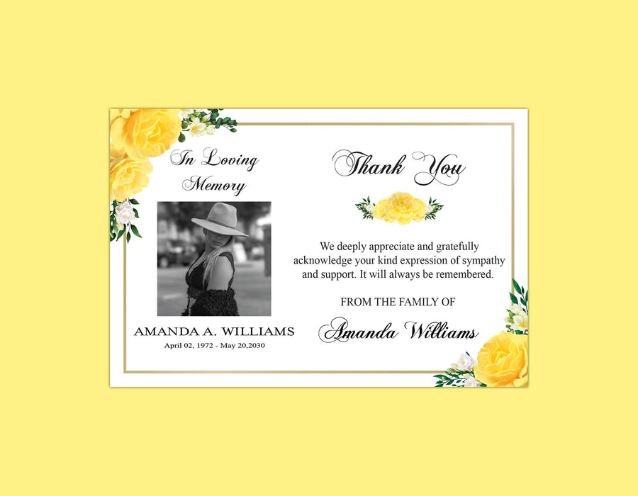 Editable Yellow Rose Funeral Thank You Card Template, Funeral Sympathy Card