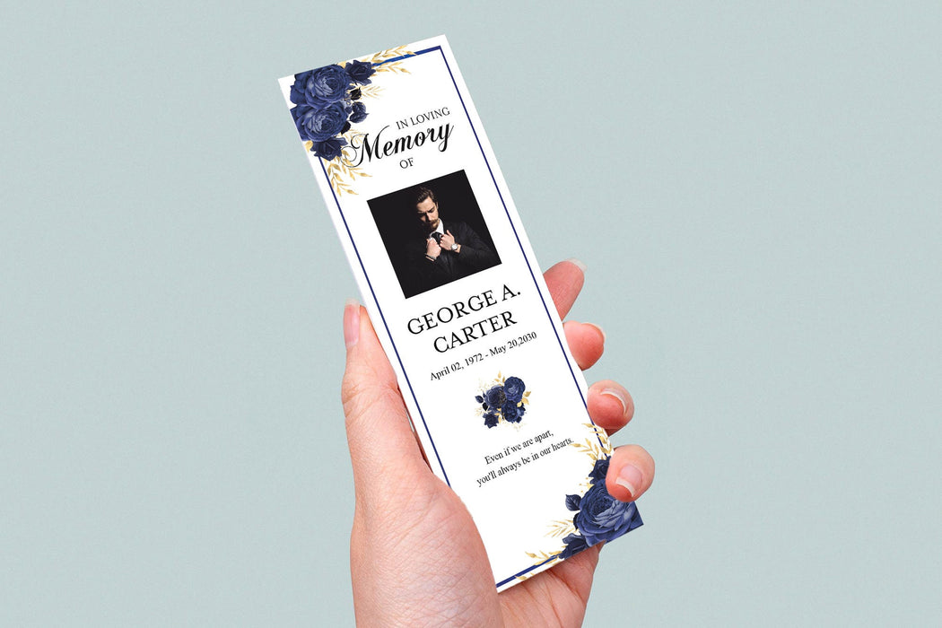 Editable Funeral Bookmark Template Printable, DIY Navy Blue Obituary Bookmark Funeral Keepsake