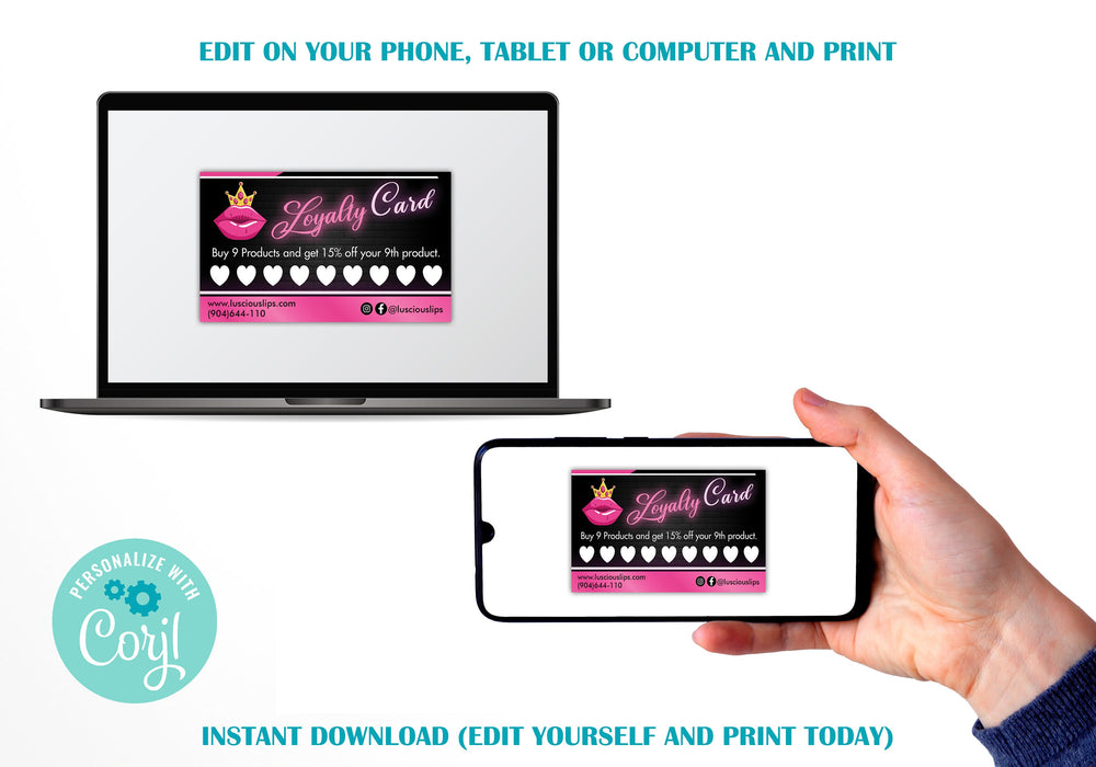 Downloadable Lipstick Loyalty Card, Lip-gloss Rewards Punch Card |Beauty Loyalty Card Template, Beauty Reward Cards Template |Salon Rewards Card Design