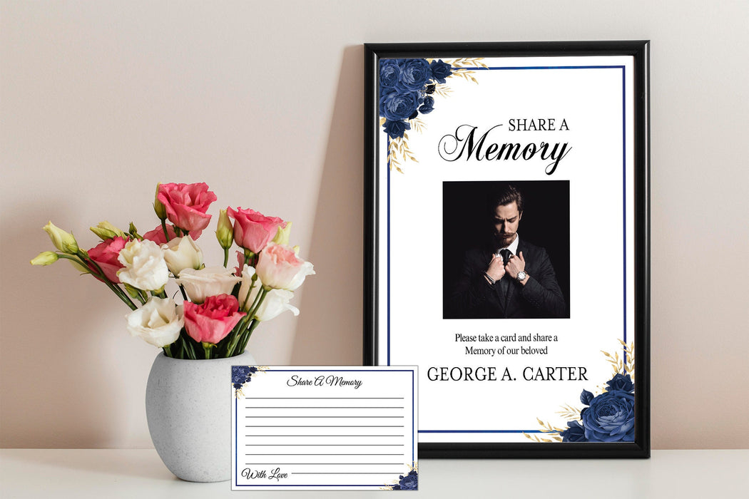 Editable Funeral Share a Memory Card and Sign, Downloadable Blue Rose Funeral Template, Funeral Keepsake