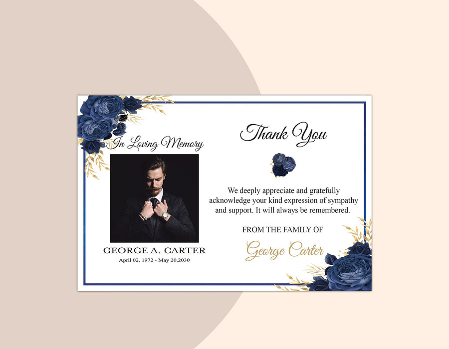 Blue Rose Thank You Cards Personalized with Photo, Funeral Thank You Masculine