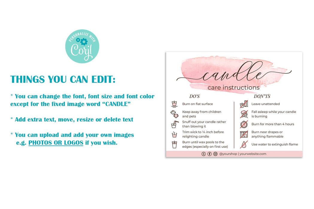 Editable Candle Care Card, Pink Watercolor Candle Care Template Printable!