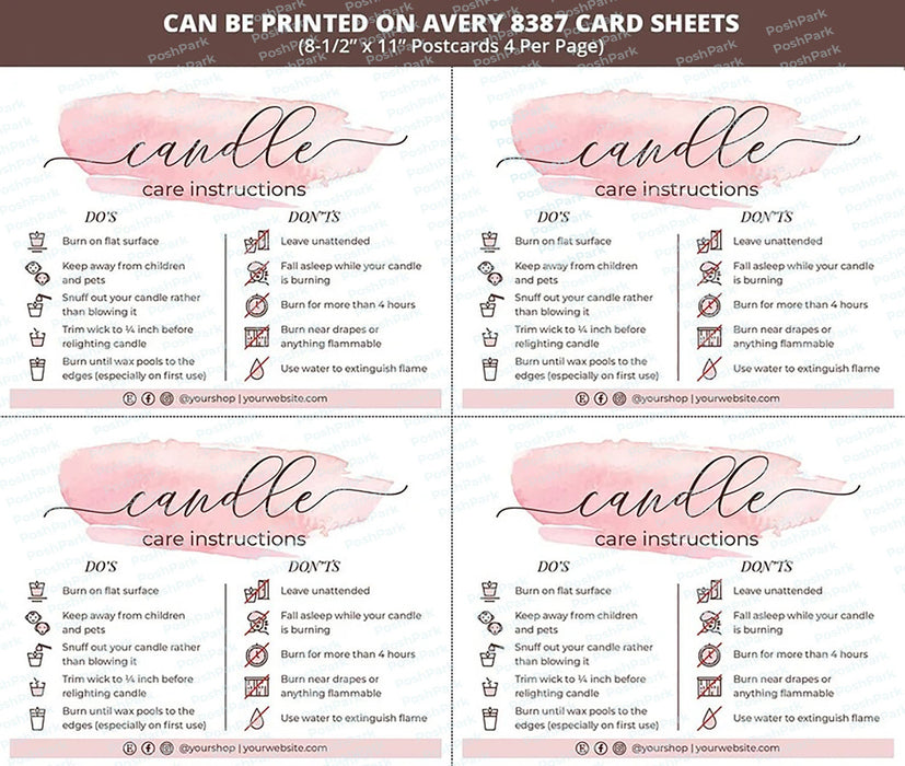 Editable Candle Care Card, Pink Watercolor Candle Care Template Printable!