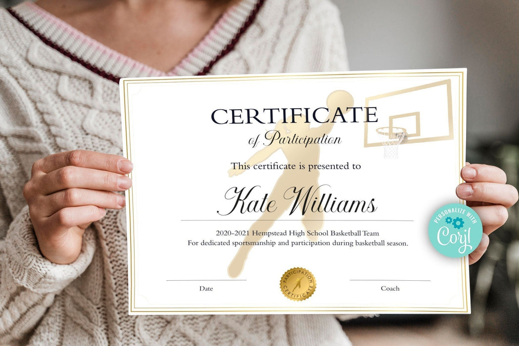 Editable Girls Basketball Certificate of Participation Template, Customizable Basketball Certificate Download,