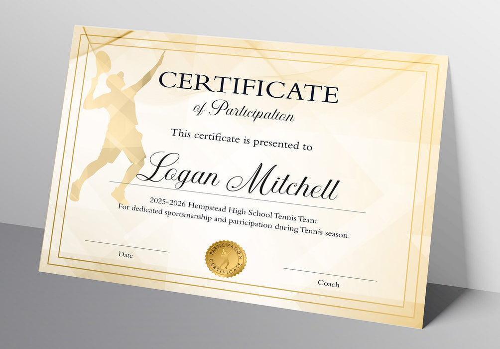 Editable Boys Tennis Certificate Template, Customizable Printable Tennis Award for Youth
