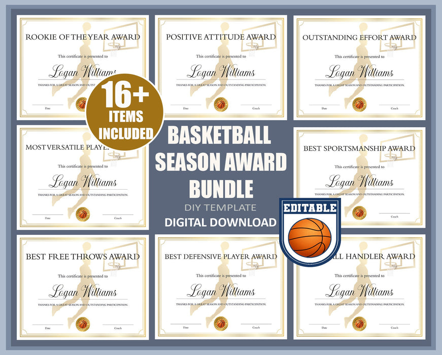 Editable End of Season Basketball Award Certificates Bundle