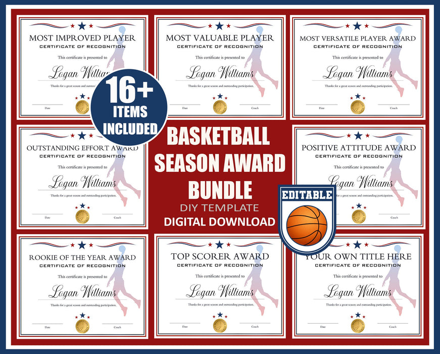 Editable End of Season Basketball Award Certificate Red White Blue Bundle