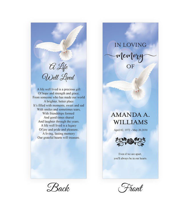 Editable Funeral Bookmark Template, Blue Sky White Dove Obituary Bookmark Funeral Keepsake