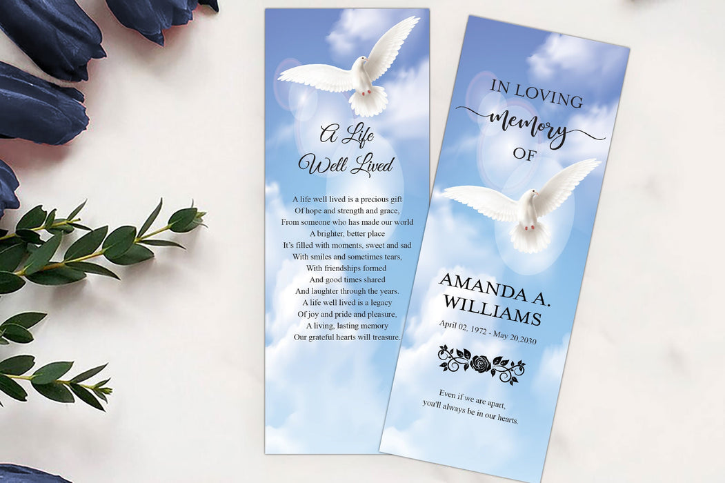 Editable Funeral Bookmark Template, Blue Sky White Dove Obituary Bookmark Funeral Keepsake