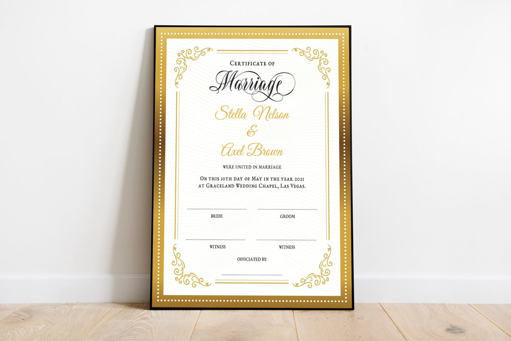 Editable Marriage Certificate Template, Printable Gold Certificate of Marriage, Wedding Keepsake