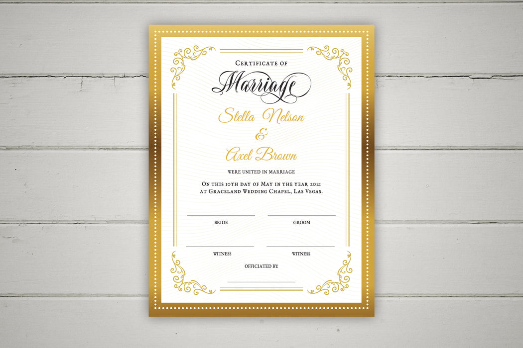 Editable Marriage Certificate Template, Printable Gold Certificate of Marriage, Wedding Keepsake