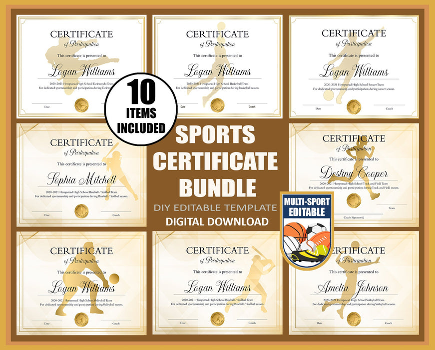 Editable Multi-Sport Participation Certificate Awards Bundle