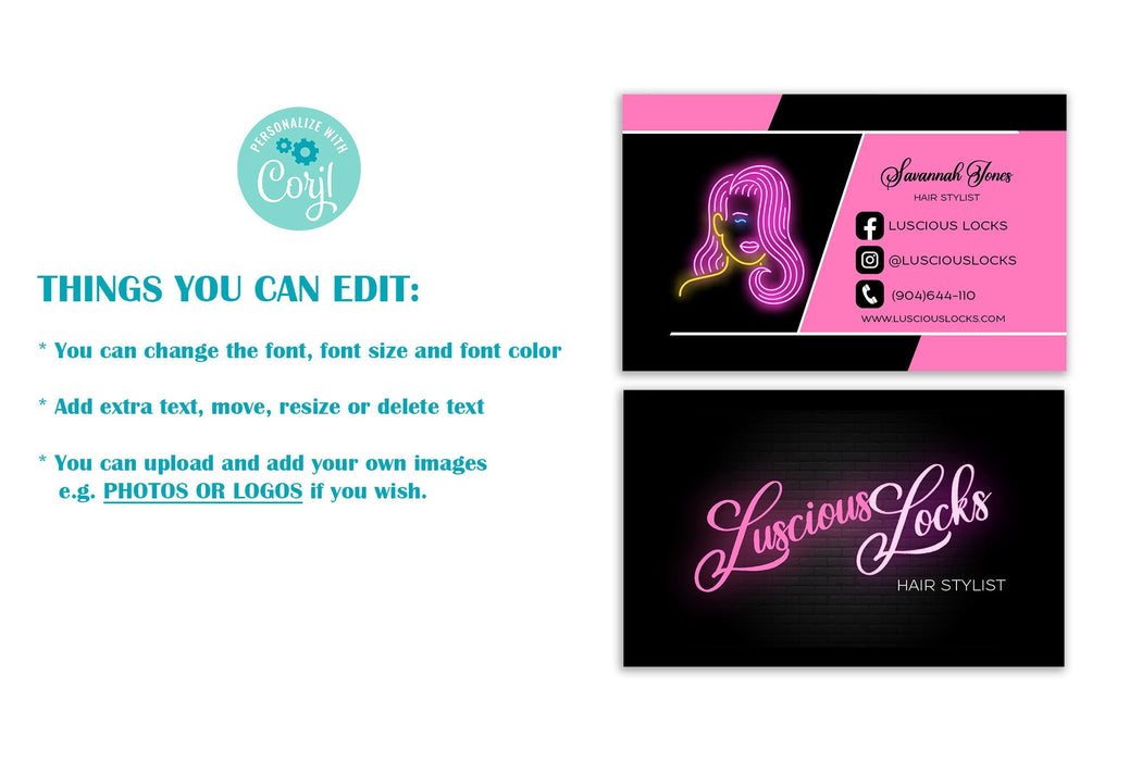 Editable DIY Beauty Business Cards, Printable Hair Business Cards, Black and Pink Makeup Artist Business Cards