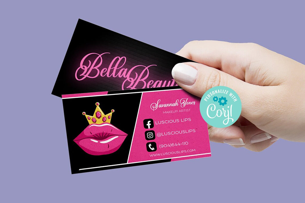 Editable Lip Business Card | Lip Gloss Business Cards, Makeup Artist Business Card, Cosmetic Business Cards | Black and Pink Card
