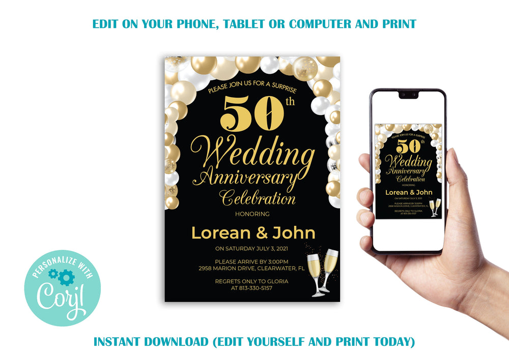 Editable Minimalist 50th Wedding Anniversary Party Invitation Template, Editable Surprise Anniversary Invitation Printable, INSTANT DOWNLAOD