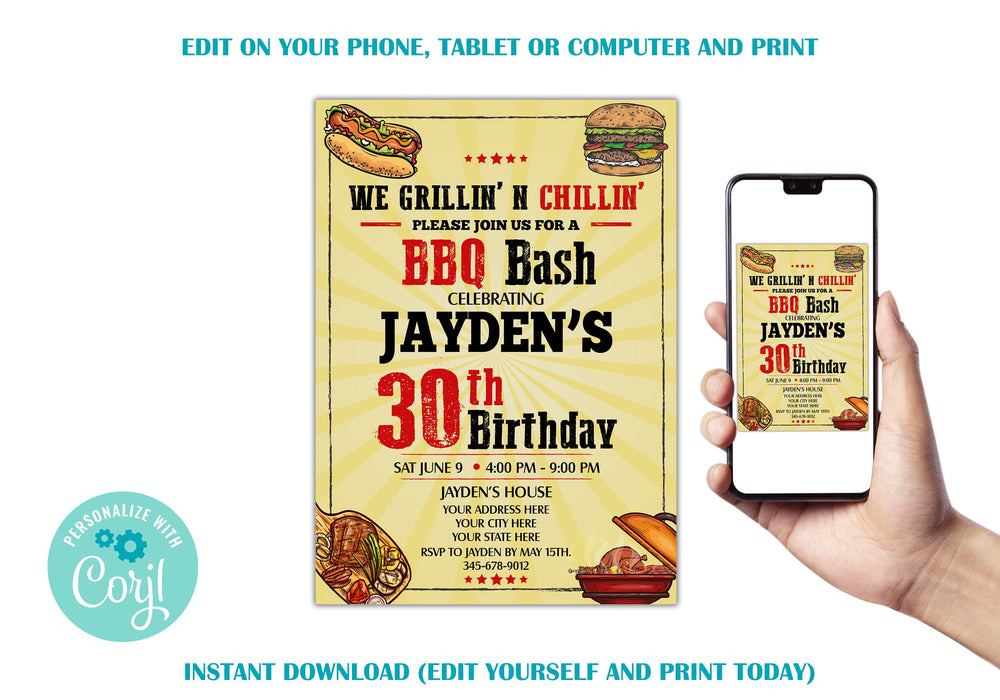 Editable Barbeque Invitation, 30th Birthday Invite bbq Party, Printable BBQ Invites, Backyard Party Barbeque