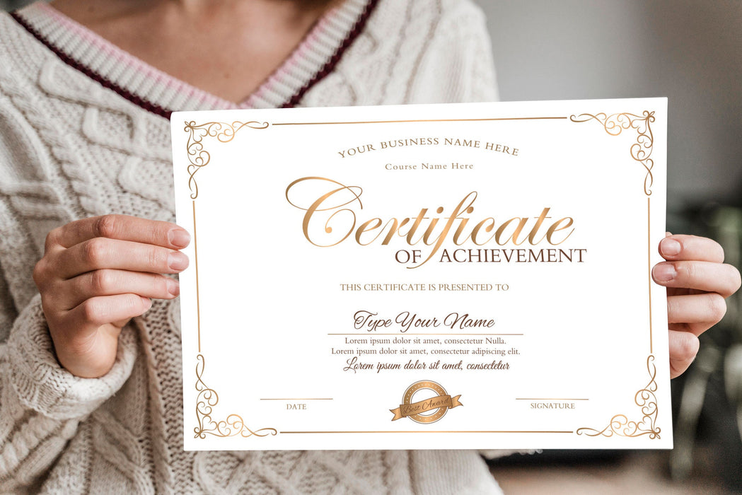 Custom Certificate of Achievement Template, Achievement Award Certificate, Gold DIY Template