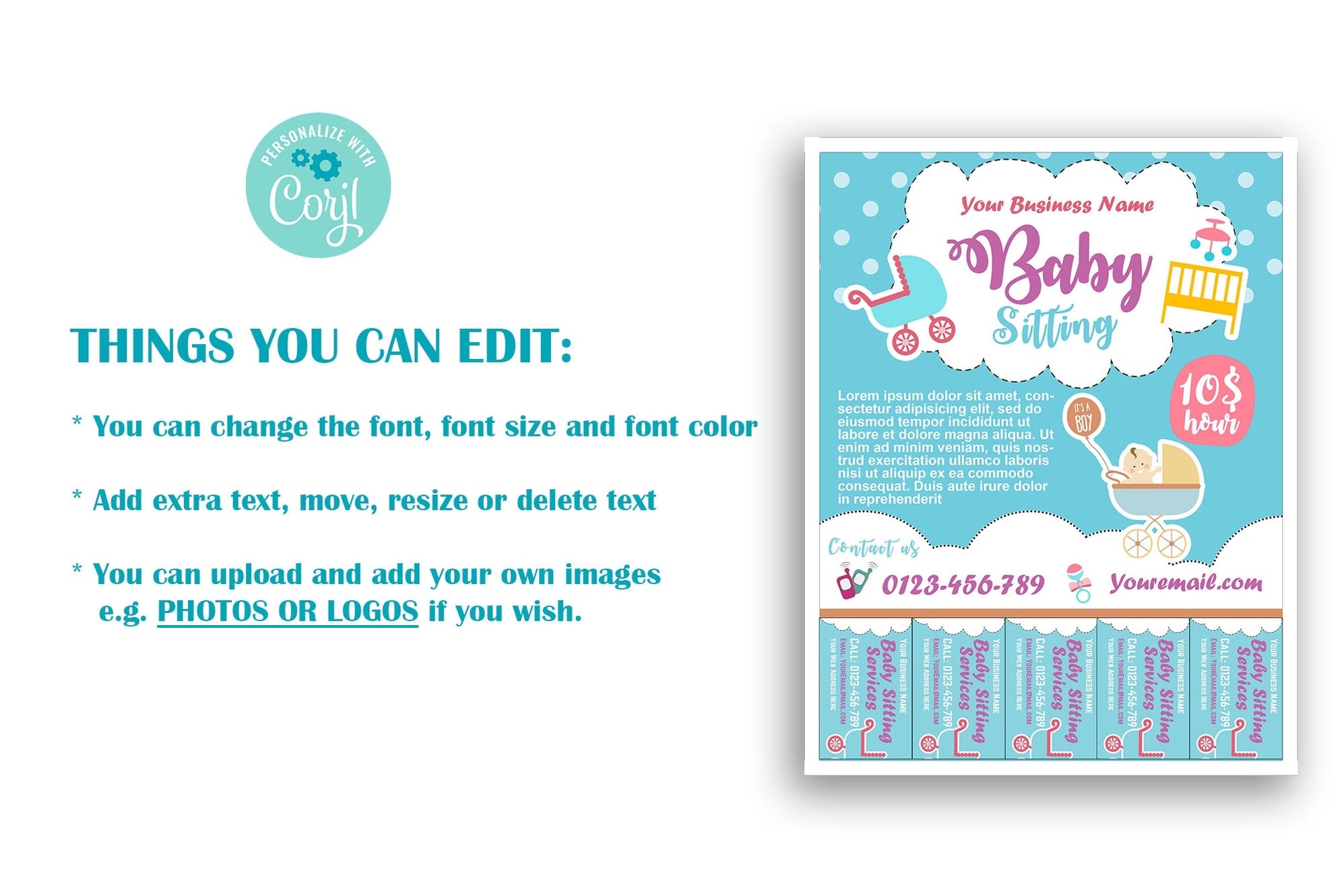 Editable Babysitting Business Flyer Template with Tearoff Tabs Cute