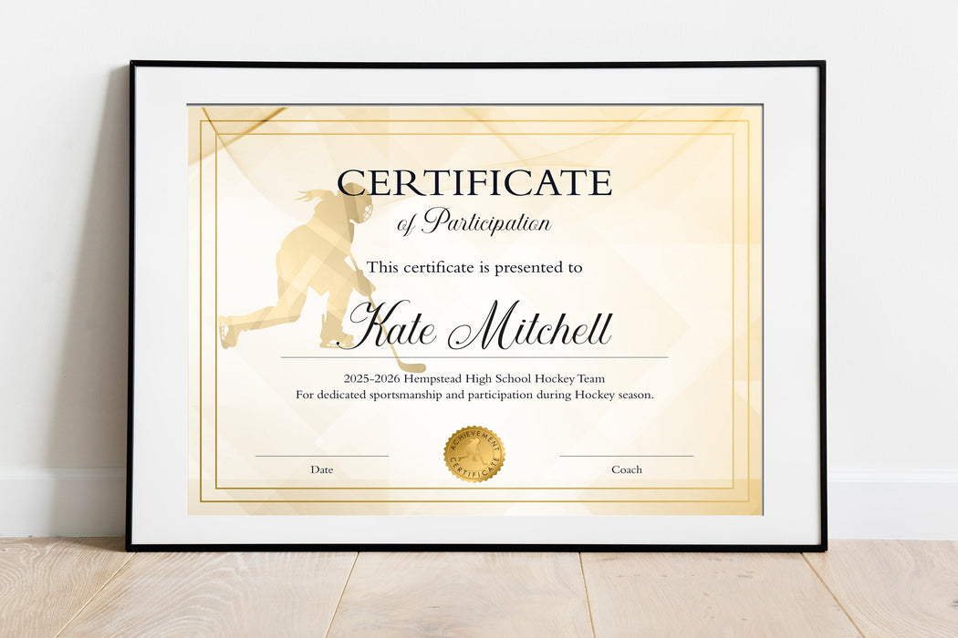 Editable Girls Hockey Certificates, Printable Hockey Award for Girls Sports