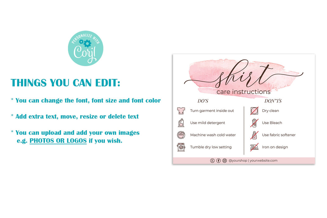 Editable Shirt Care Cards Digital, DIY Care Cards Shirt, Care Instructions for Shirts, | Care Card Printable, Care Card SVG