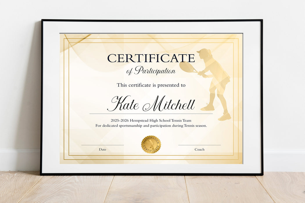 Editable Tennis Certificate Template for Girls, Minimalist Printable Tennis Award