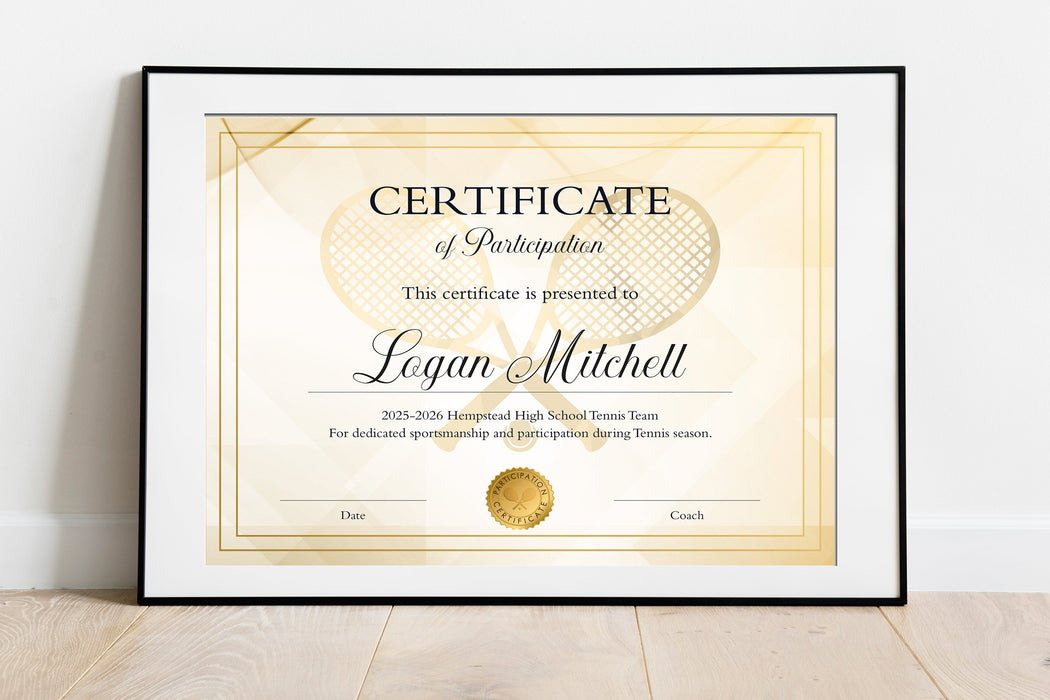 Editable Tennis Certificate, Customizable Printable Tennis Award with Picture of Tennis Racquets