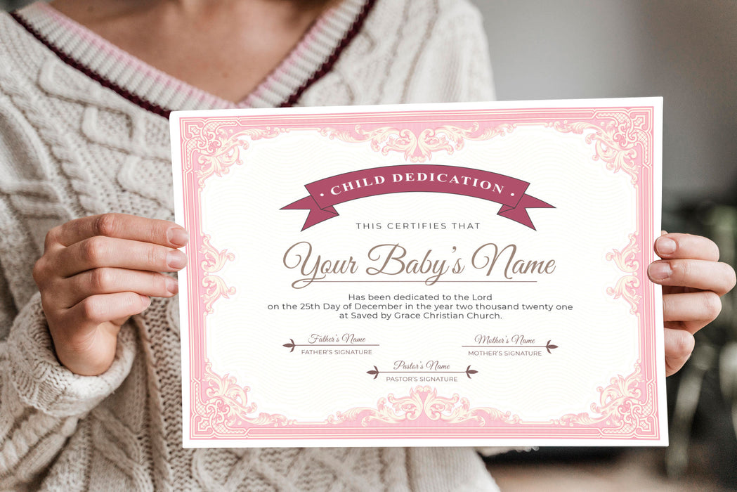 EDITABLE Pink Baby Dedication Certificate Template, Girl Baby