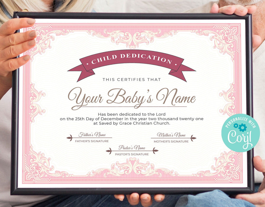 EDITABLE Pink Baby Dedication Certificate Template, Girl Baby Dedication Certificate Template, DOWNLOADABLE