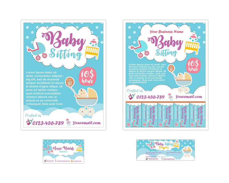 EDITABLE Babysitting Kit, Includes Babysitting Coupon, Babysitter, Flyer, Catchy Busines Marketing Templates PRINTABLE