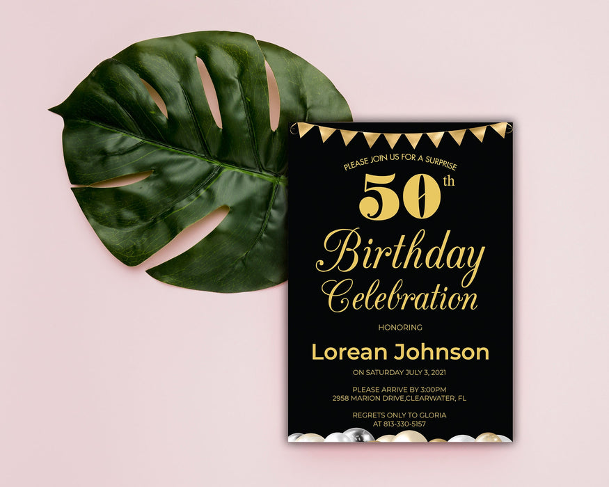 Downloadable Minimalist 50th Birthday Party Invitation, Editable Invitations 50th Woman Invite, Surprise Party Invites Bling Invitation