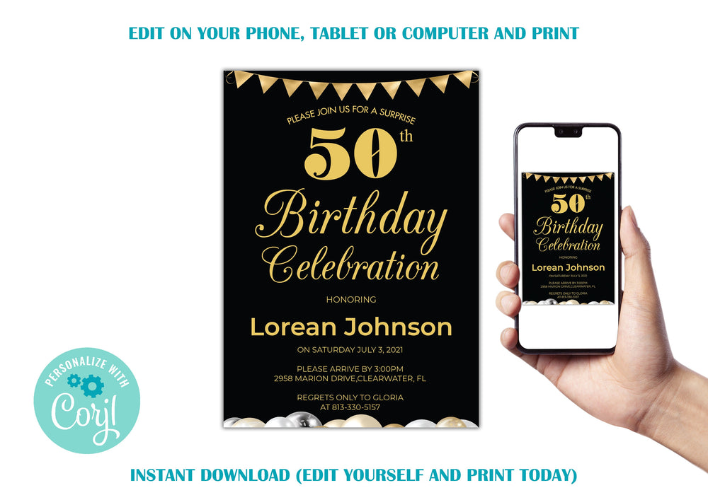 downloadable-minimalist-50th-birthday-party-invitation-editable-invit-posh-park for 50th Birthday Invitation Templates Free Printable Downloadable Minimalist 50th Birthday Party Invitation, Editable Invit — Posh Park for 50th Birthday Invitation Templates Free Printable