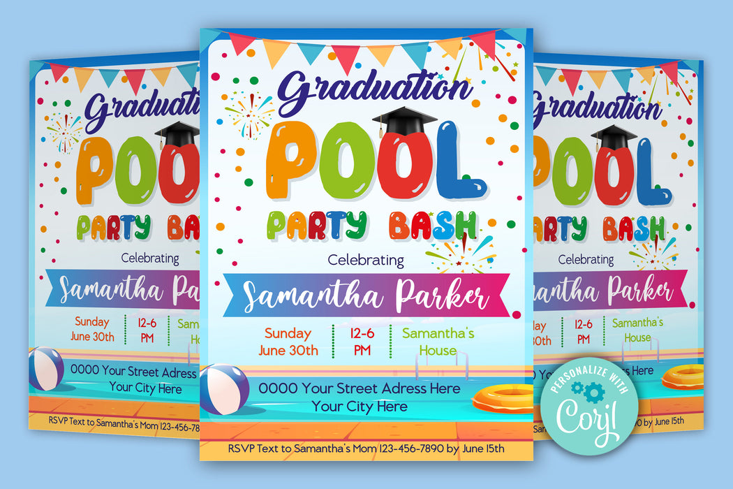 Downloadable Editable Pool Party Graduation Invitation, Kids Graduation Invites Pool Bash, Children's Pool Party Invite |Printable Graduation Template Pool Party