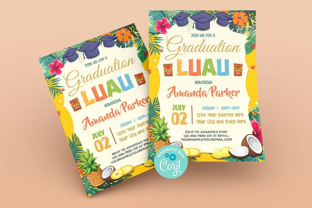 Editable Luau Graduation Invitation, Luau Party Invites, Tropical Graduation Party Invitation Template, Hawaiian Themed Graduation Invite