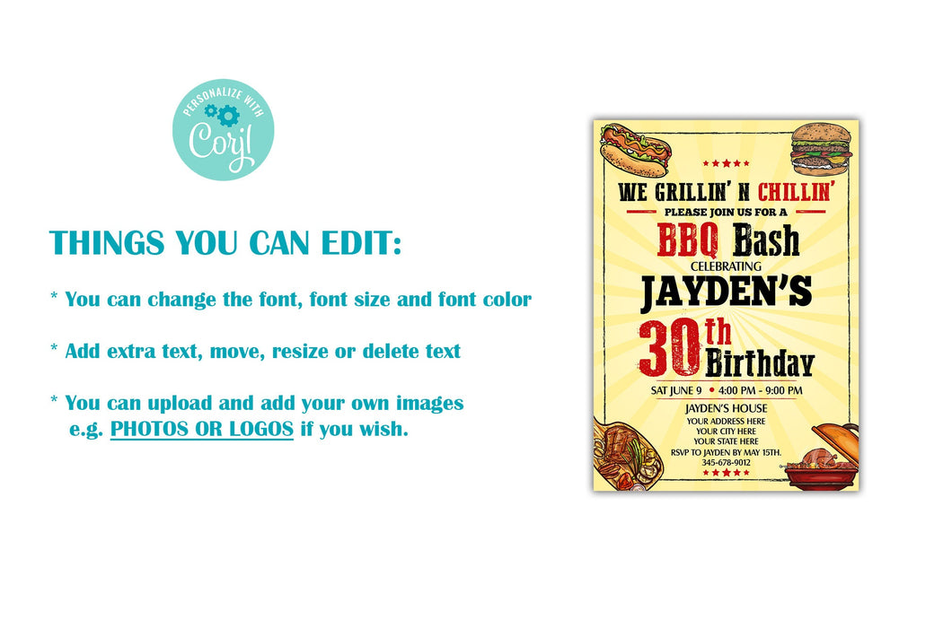 Editable Barbeque Invitation, 30th Birthday Invite bbq Party, Printable BBQ Invites, Backyard Party Barbeque