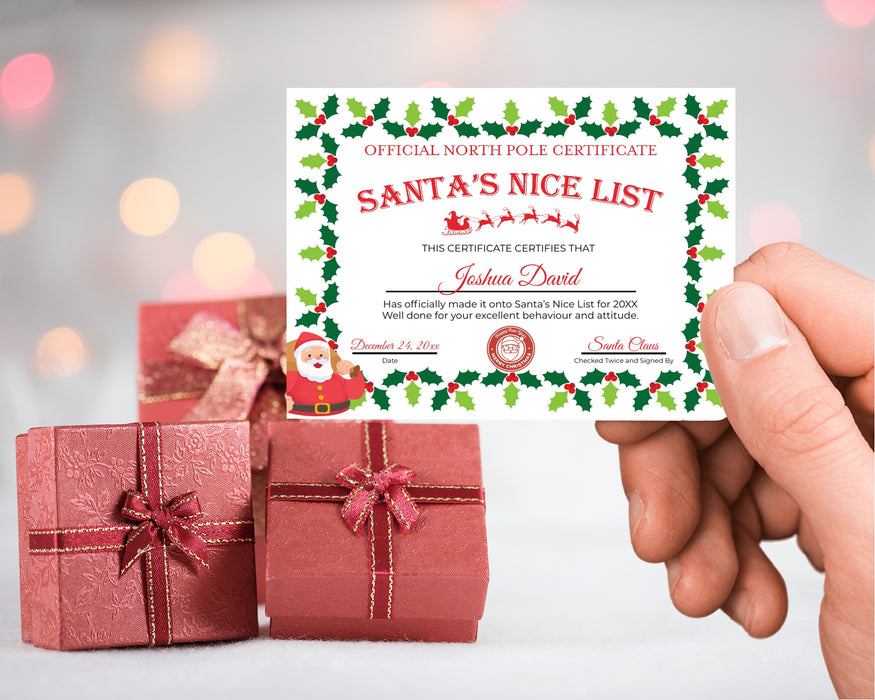 Editable Mini Christmas Santa Nice List Certificate Template Card Size