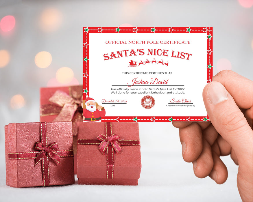 Custom Mini Festive Red Christmas Nice List Certificate Card Size