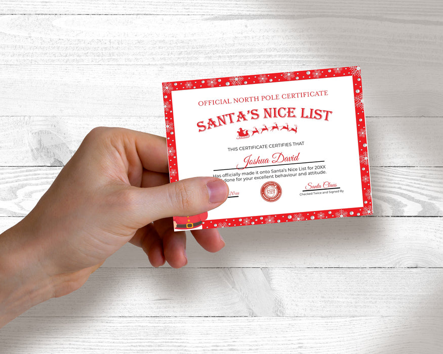 Custom Mini Red White Christmas Nice List Certificate From Santa