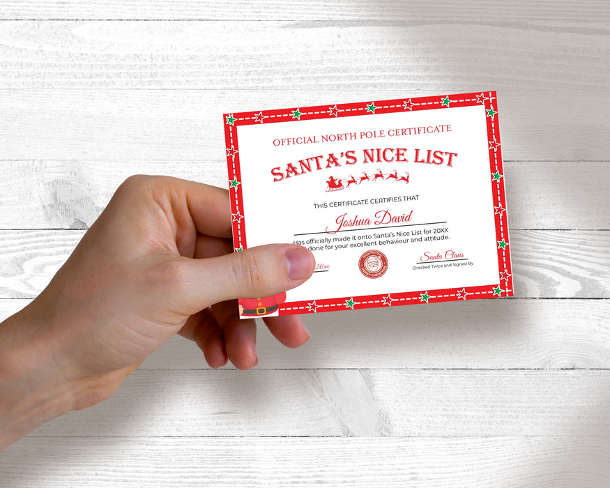 Custom Mini Festive Red Christmas Nice List Certificate Card Size